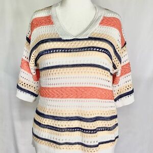 Cato Open-Knit V-Neck Sweater Top in White, Coral & Navy
